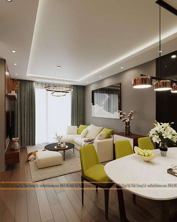 mẫu thiết kế nội thất phòng khách chung cư 70m2 đa sắc màu