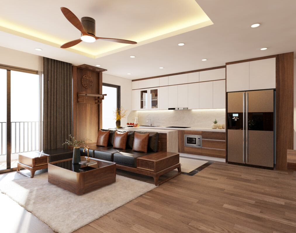 Nội thất chung cư phòng khách kết hợp bếp tạo không gian thoáng cho một phòng khách ấm cúng