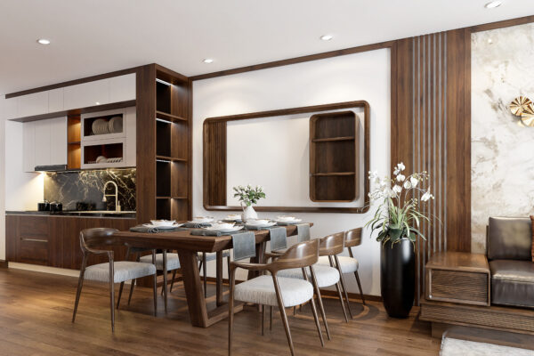 Phòng bếp và khách được thiết kế với không gian mở