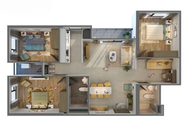 Thiết kế căn hộ 90m2 3 phòng ngủ theo công năng