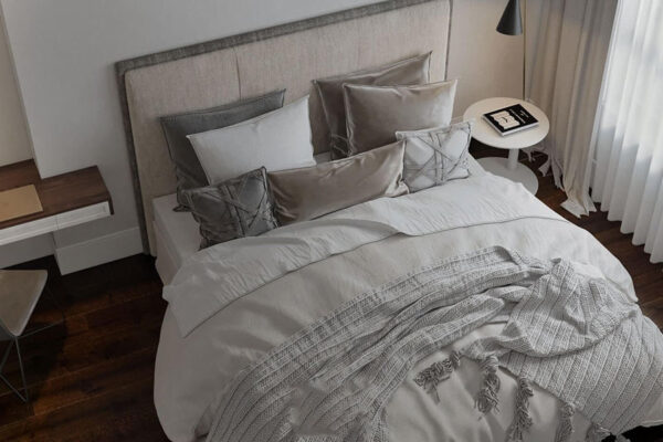 Nội thất phòng ngủ căn hộ 90m2 mang hơi hướng hiện đại với tone màu trắng