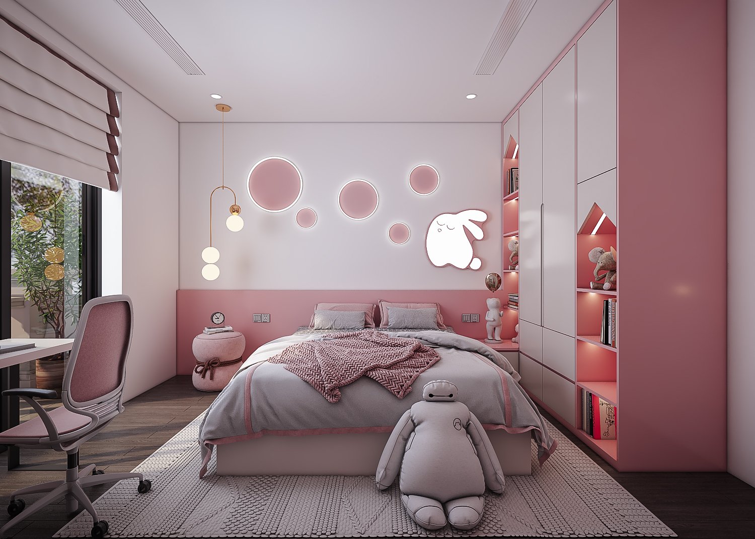 Phòng ngủ số 4 dành cho bé gái với tone màu hồng - trắng chủ đạo